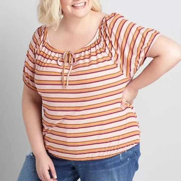 NWT Lane Bryant Striped Square Tie Neck Top in Size 26/28 - Picture 1 of 12